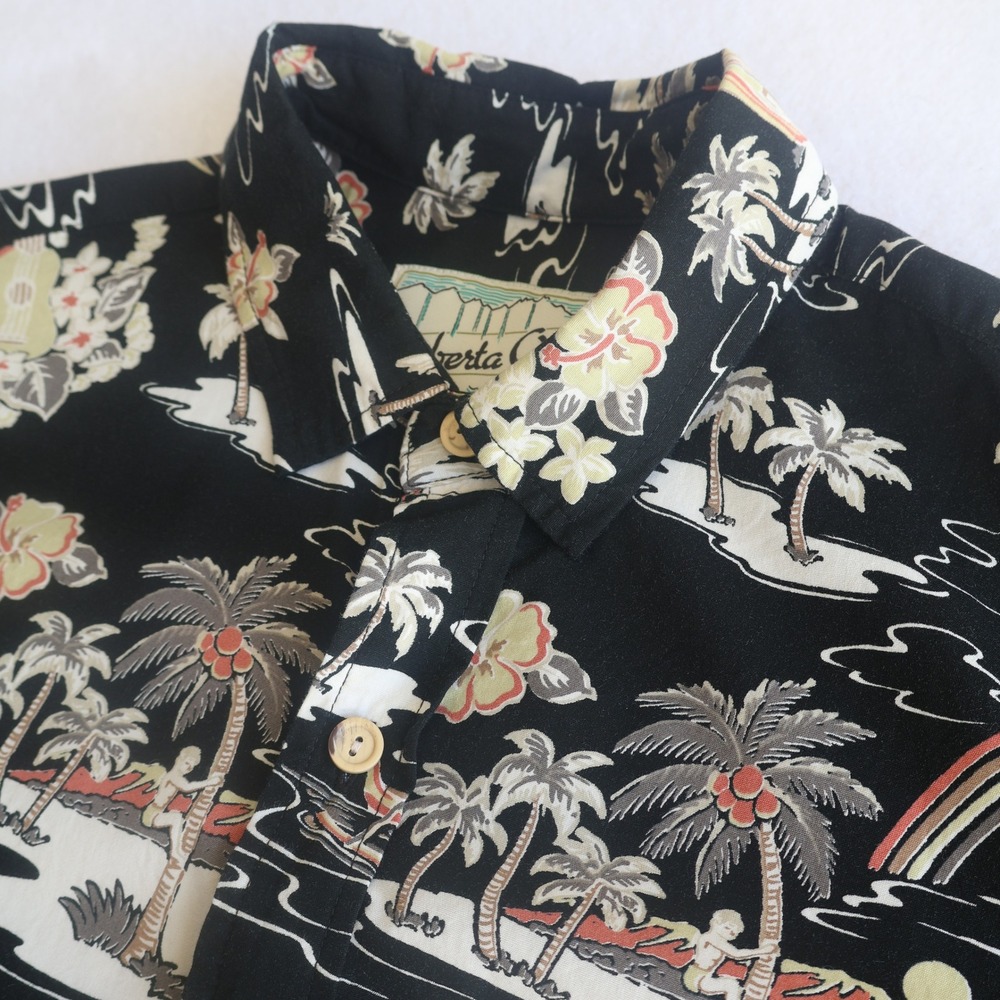 Roberta Oaks Honolulu Hawaii Mens Black Aloha Shirt Palm Tree Hula Print Medium